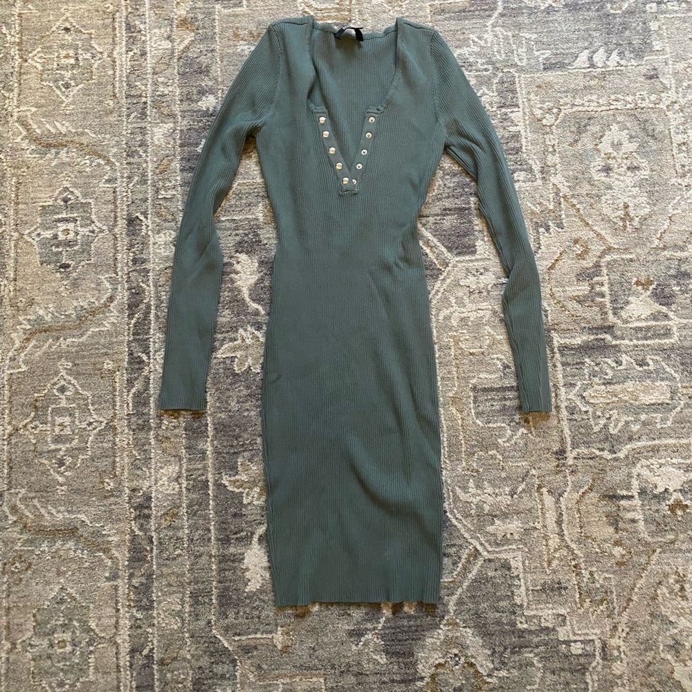 Bodycon Long Sleeve Dress - Greyish Blue with Buttons